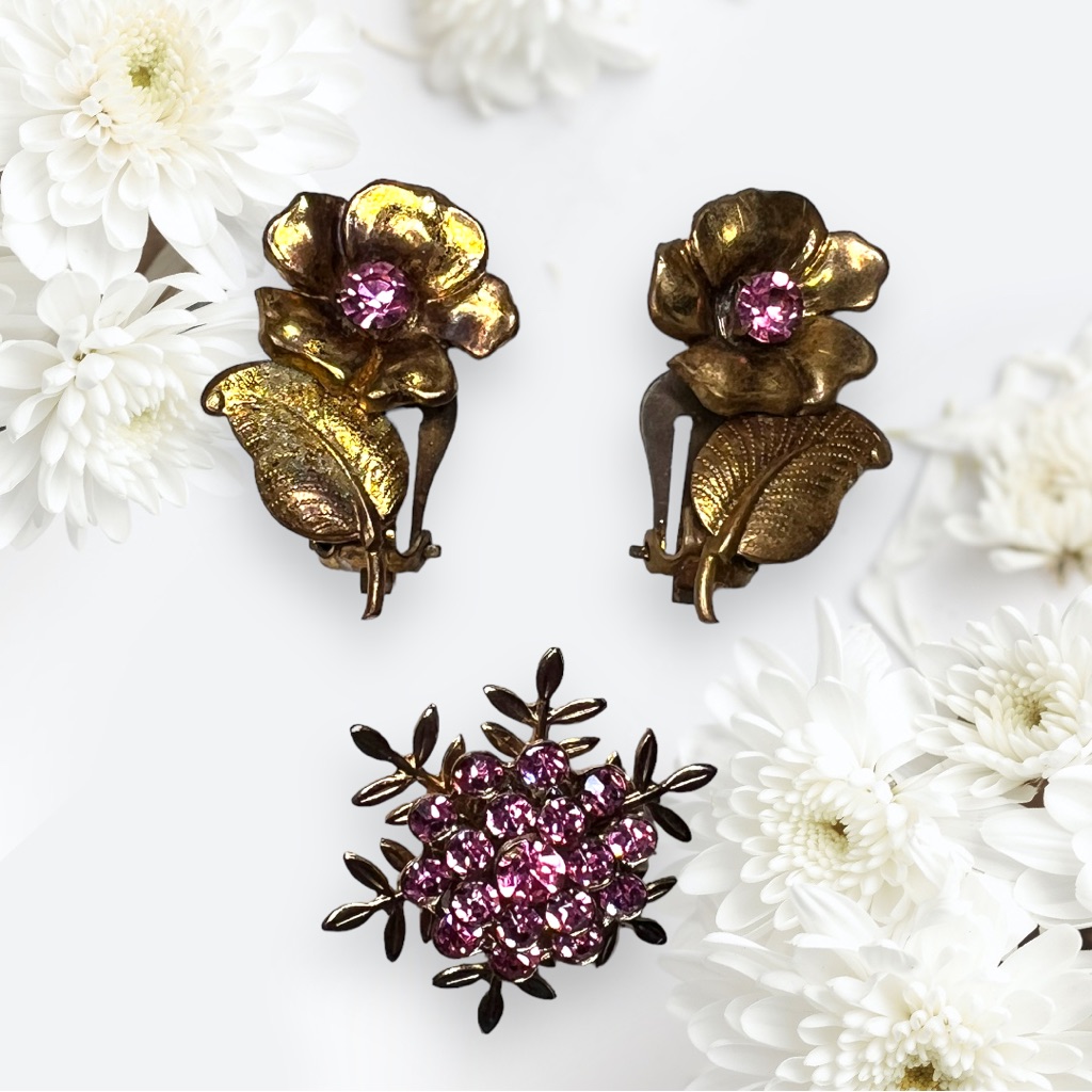 Vintage Pink Rhinestone Flower Pin Brooch And Clip On Austria Earrings